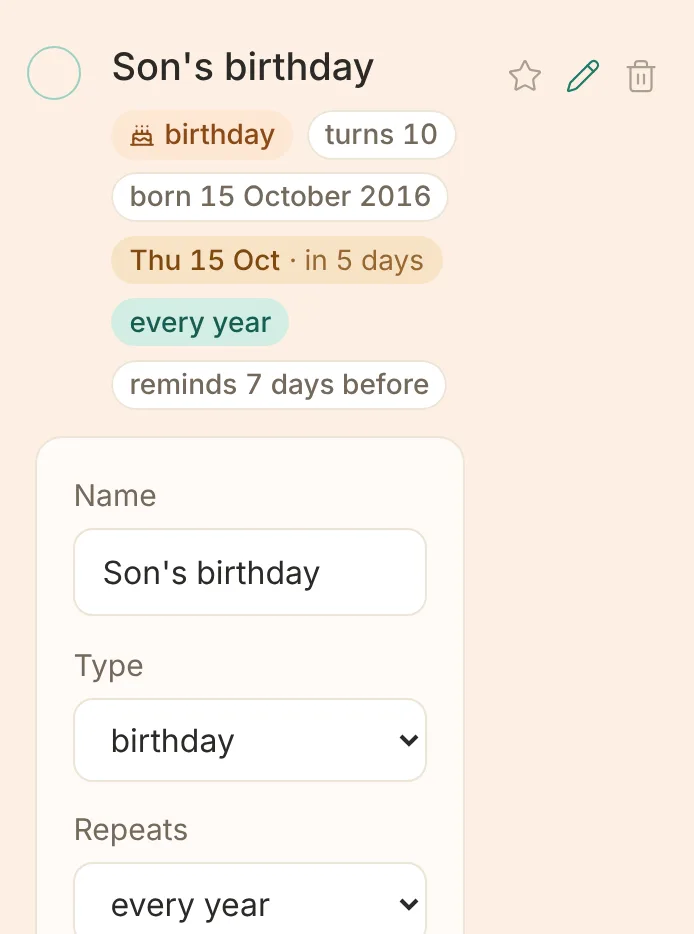A birthday row with the edit form open beneath it: Name, Type, Repeats, Next on, Time, Born in, Remind days before, and Save and Cancel buttons