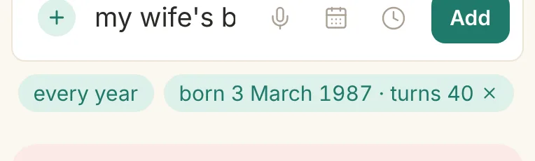 The same box after typing 1987 into the chip: it now reads “born 3 March 1987 · turns 40”